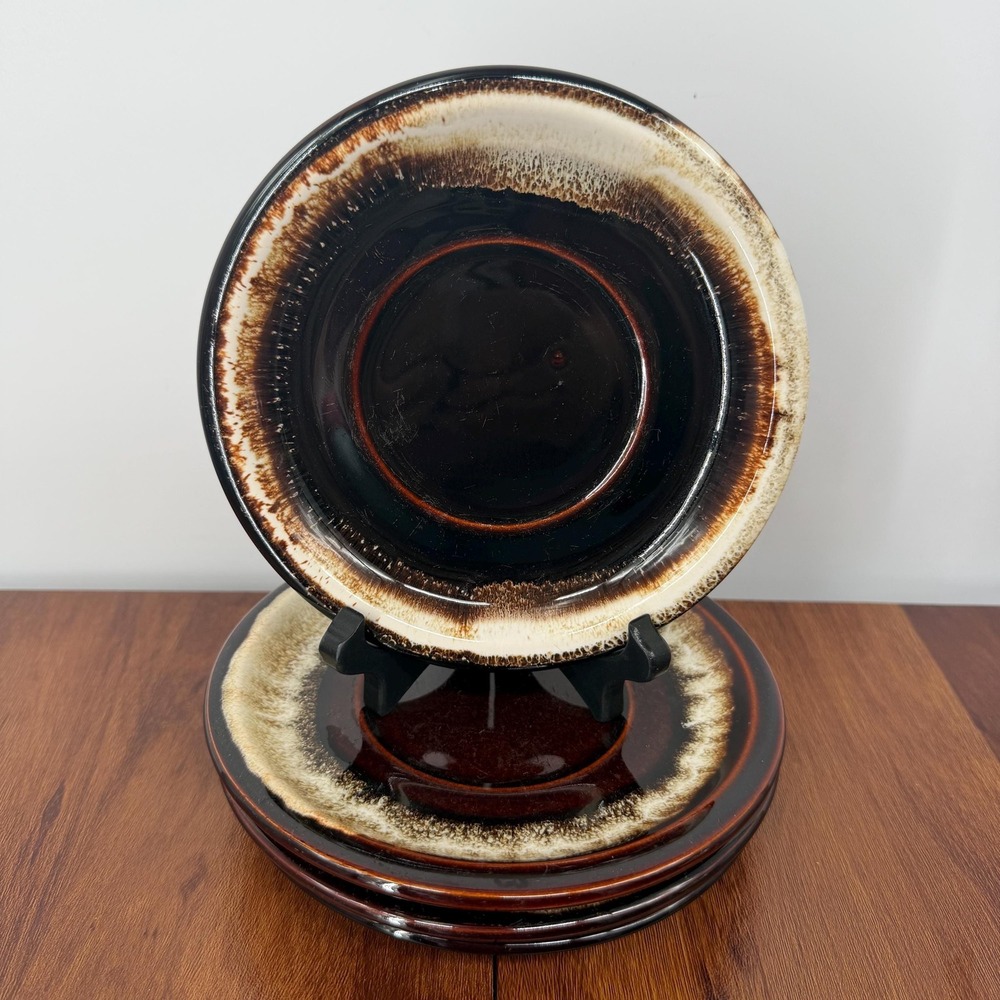 Pfaltzgraff 1970s Stoneware Drip Glaze Saucer Plates Brown Set of 6 6.25" Plates